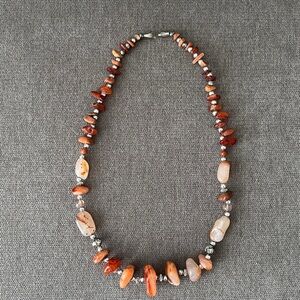 Beaded Stone Necklace with Earthy Tones and Silver Tone Hardware